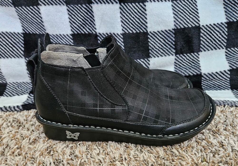 Alegria Nellie Plaid Ankle Boots Women’s EU 38 US 7 Black Comfort Zip Booties